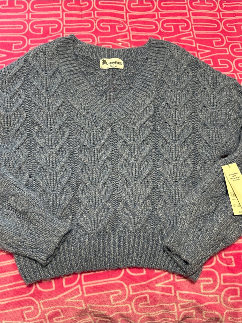 No Boundaries Women's Heather Blue Cable-Knit V-Neck Sweater